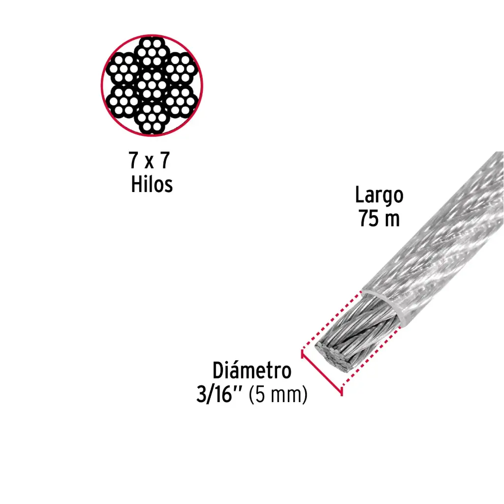 Metro cable 3/16 rígido recubierto PVC 7x7|Fiero