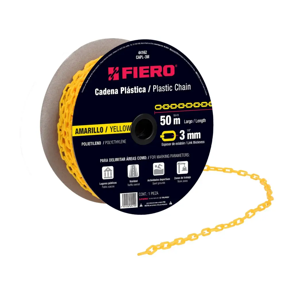 [44162] Rollo cadena de plástico 3 mm amarillo 50 mtrs | Fiero