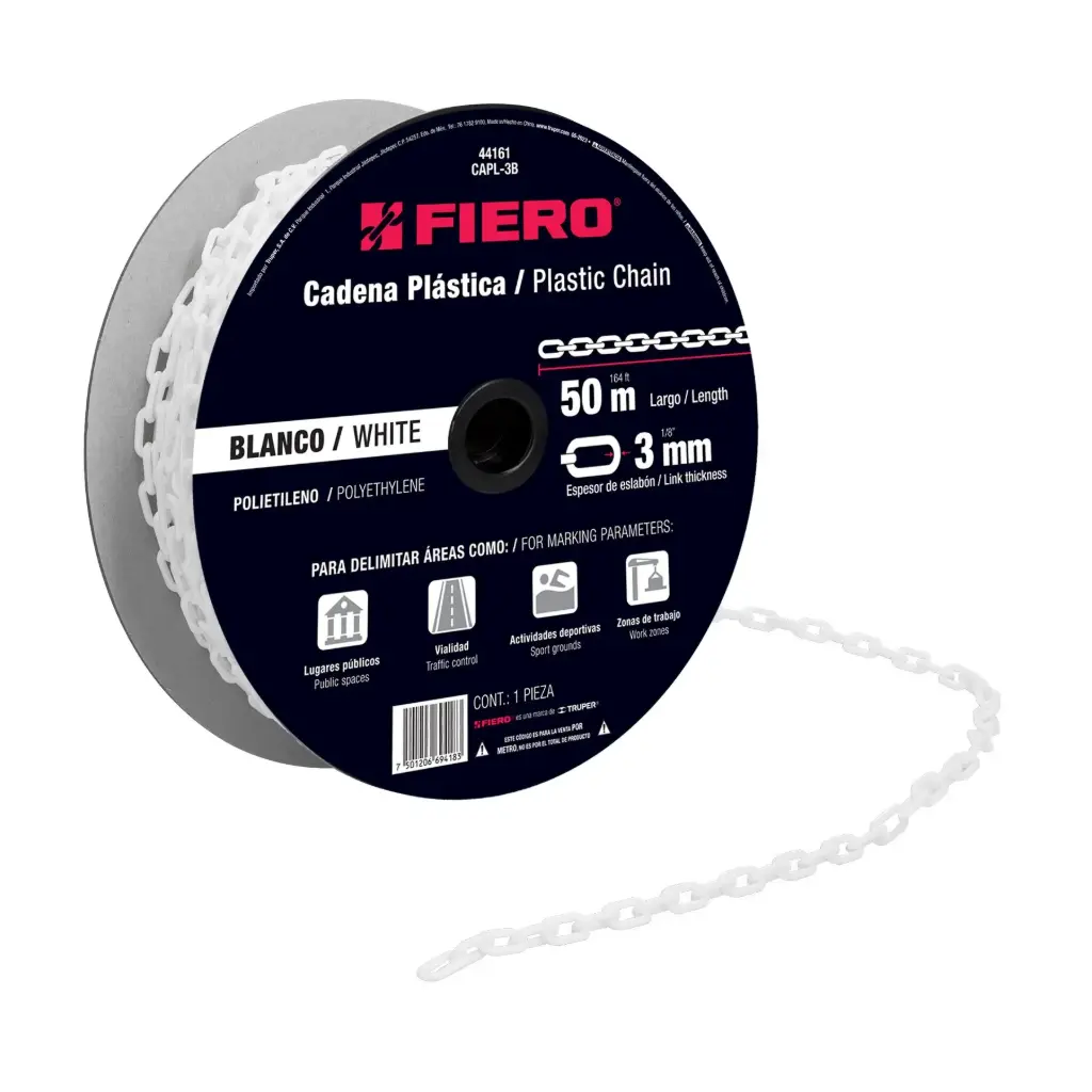 [44161] Rollo cadena de plástico 3 mm blanco 50 mtrs | Fiero