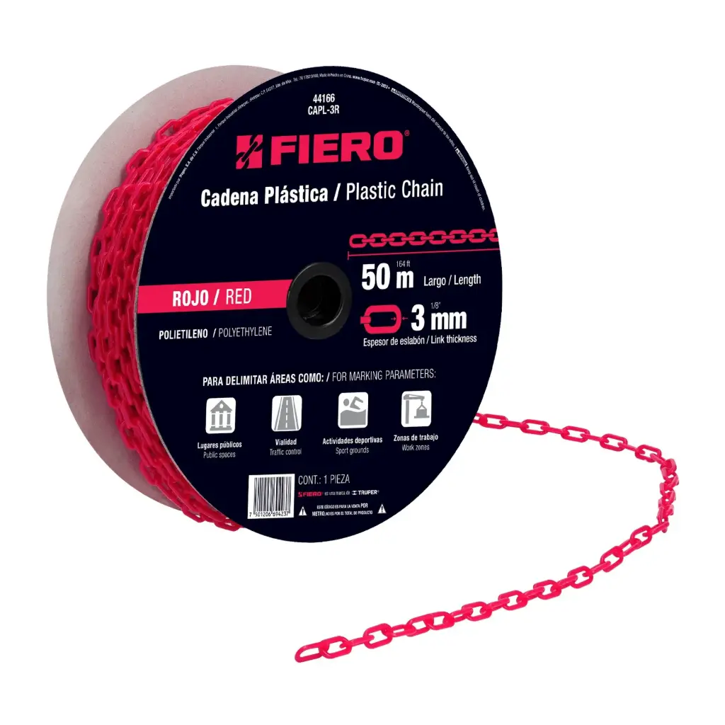 [44166] Rollo cadena de plástico 3 mm rojo 50 mtrs | Fiero