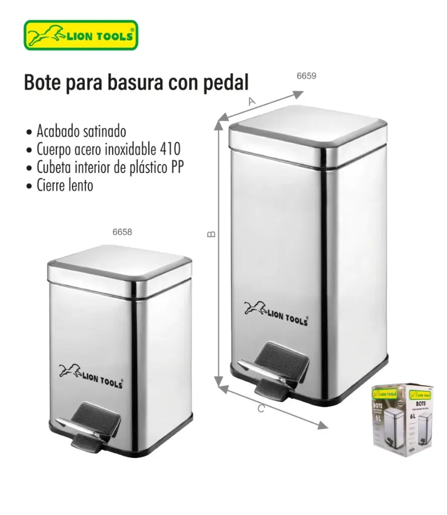 Bote para basura 6 litros acero inoxidable con pedal | Lion Tools