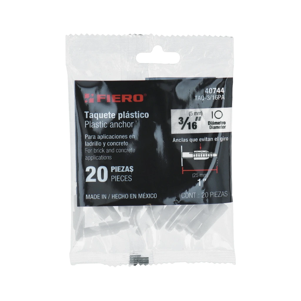 Bolsa con 20 taquetes de plastico 3/16"  | Fiero