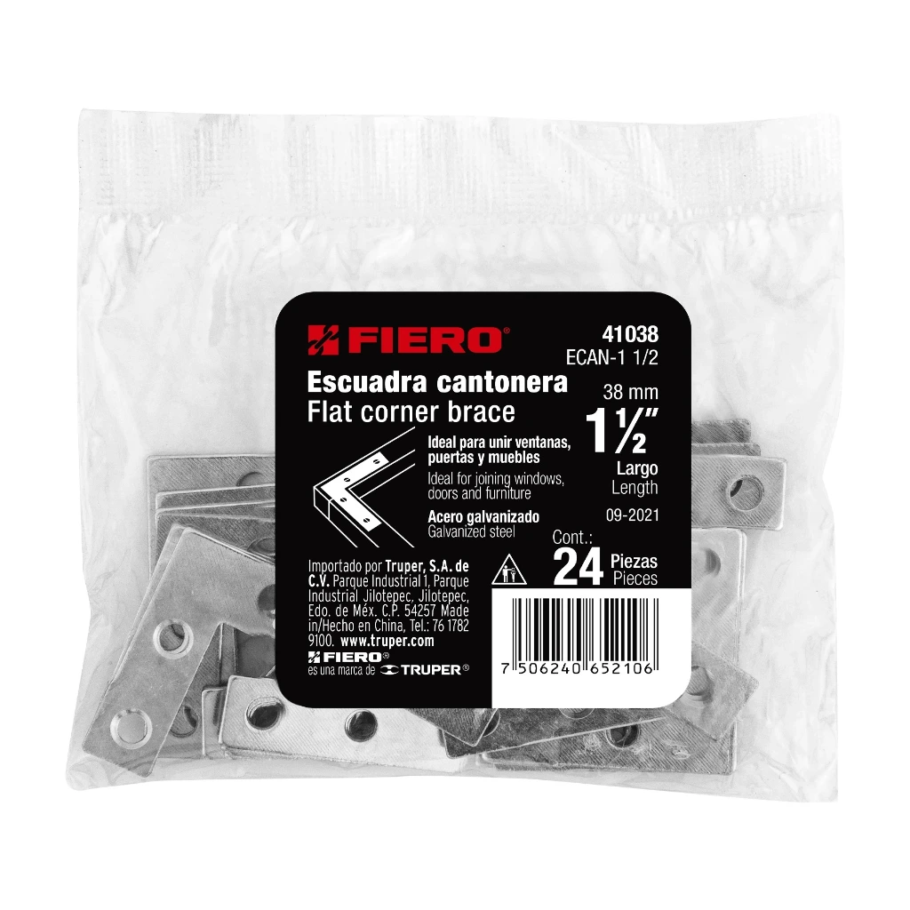 Bolsa Escuadra plana cantonera 1 1/2" x 1 1/2"con 24pz | Fiero