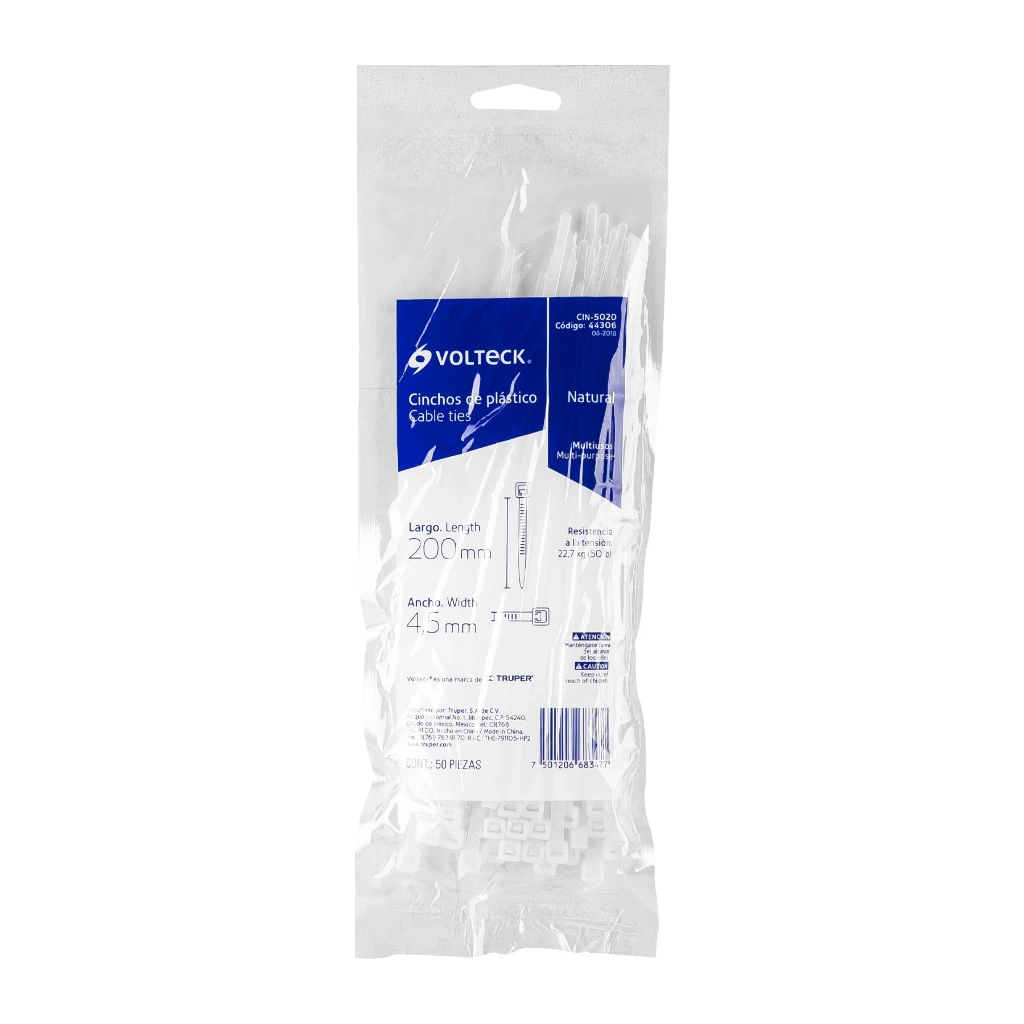 Bolsa con 50 cinchos plásticos 50 lb 200 x 4.5 mm natural | Volteck