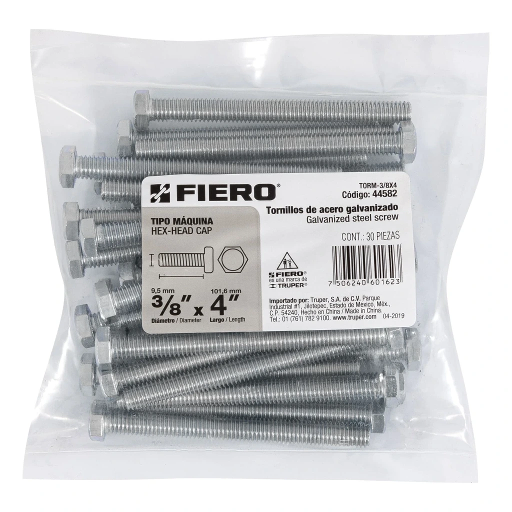 Bolsa Tornillo #3/8 x 4 Máquina hexagonal galvanizado con 30 pzas | Fiero