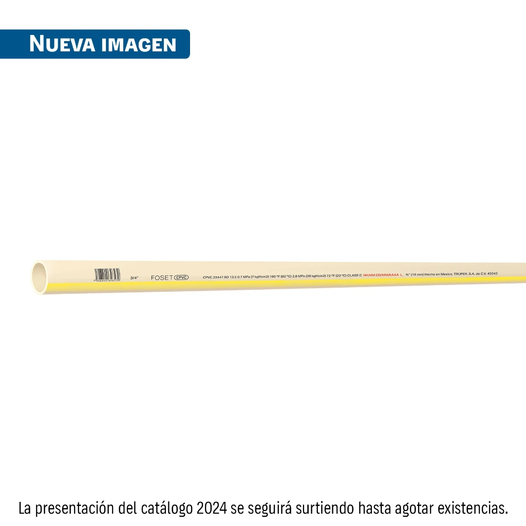 Tubo de 3/4 CPVC hidraulico RD 13.5, 3m, 0.5kg, FOSET
