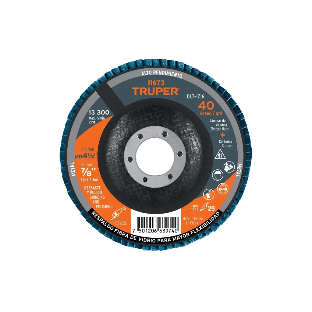 [11673] Disco laminado 4-1/2", grano 40 centro 7/8" fibra |Truper