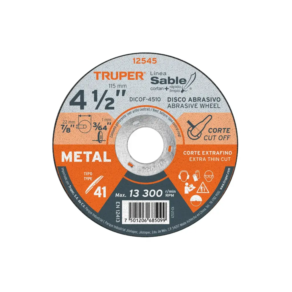 [12545] Disco Tipo 41 de 4-1/2" x 1 mm corte fino de metal Sable |Truper