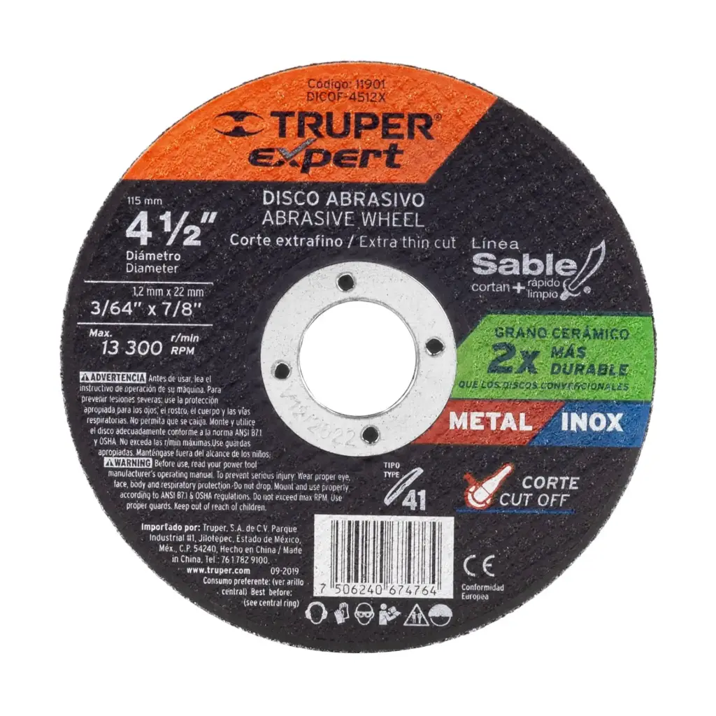[11901] Disco corte fino de metal Tipo 41 de 4-1/2" x 1.2 mm |Truper Expert