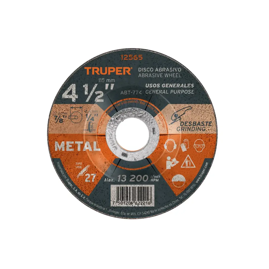 Disco Tipo 27 de 4-1/2" x 6.4 mm para desbaste de metal |Truper