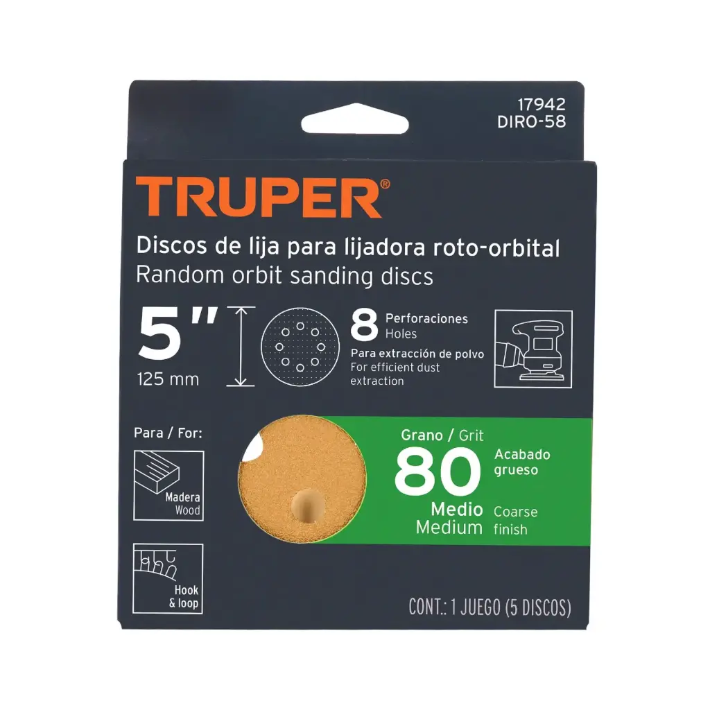 Paquete de Lija 5" grano 80 con 5 discos 8 perforaciones madera | Truper