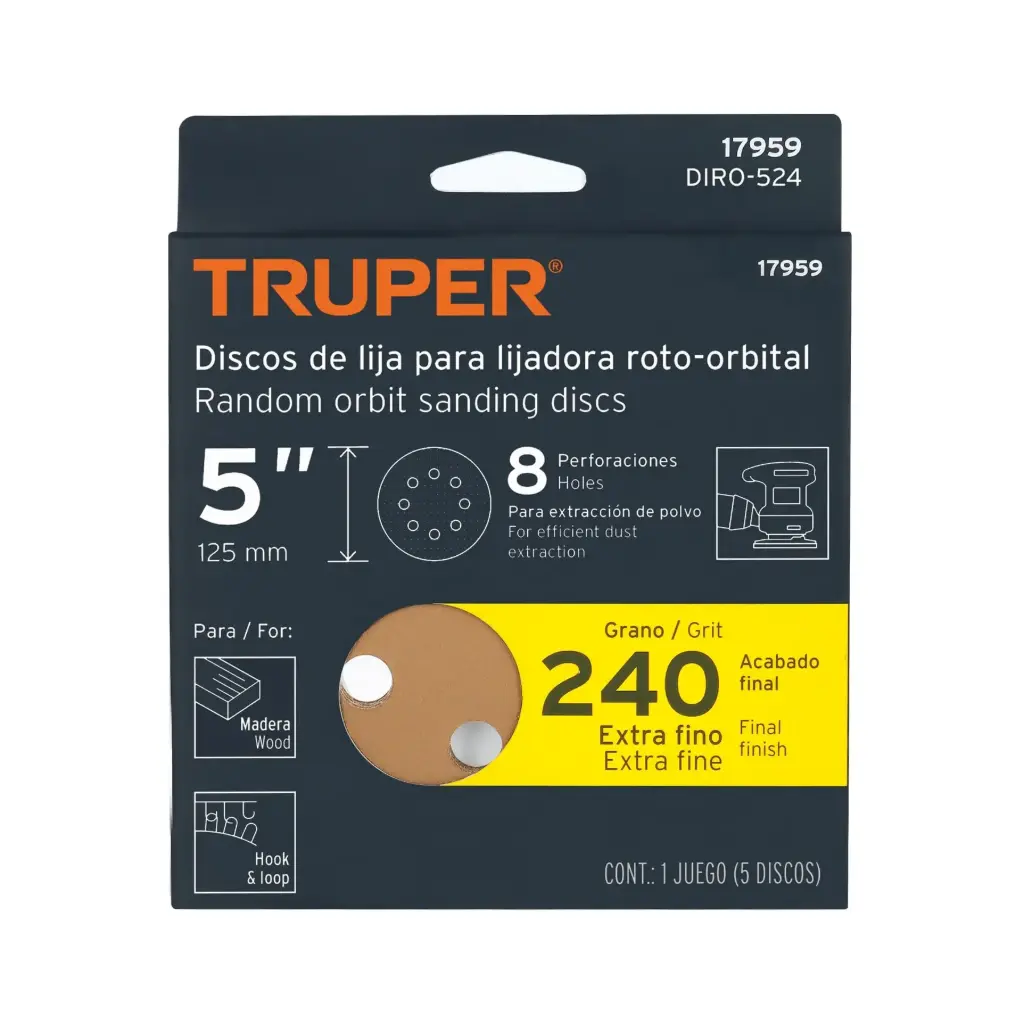 [17959] Paquete de Lija 5" grano 240 con 5 discos 8 perforaciones madera | Truper