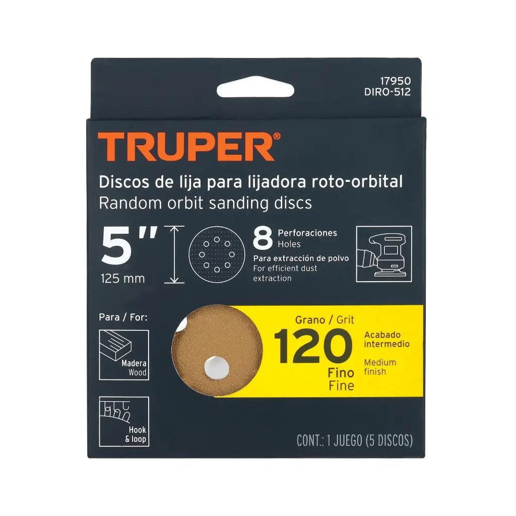 [17950] Paquete de Lija 5" grano 120 con 5 discos 8 perforaciones madera | Truper