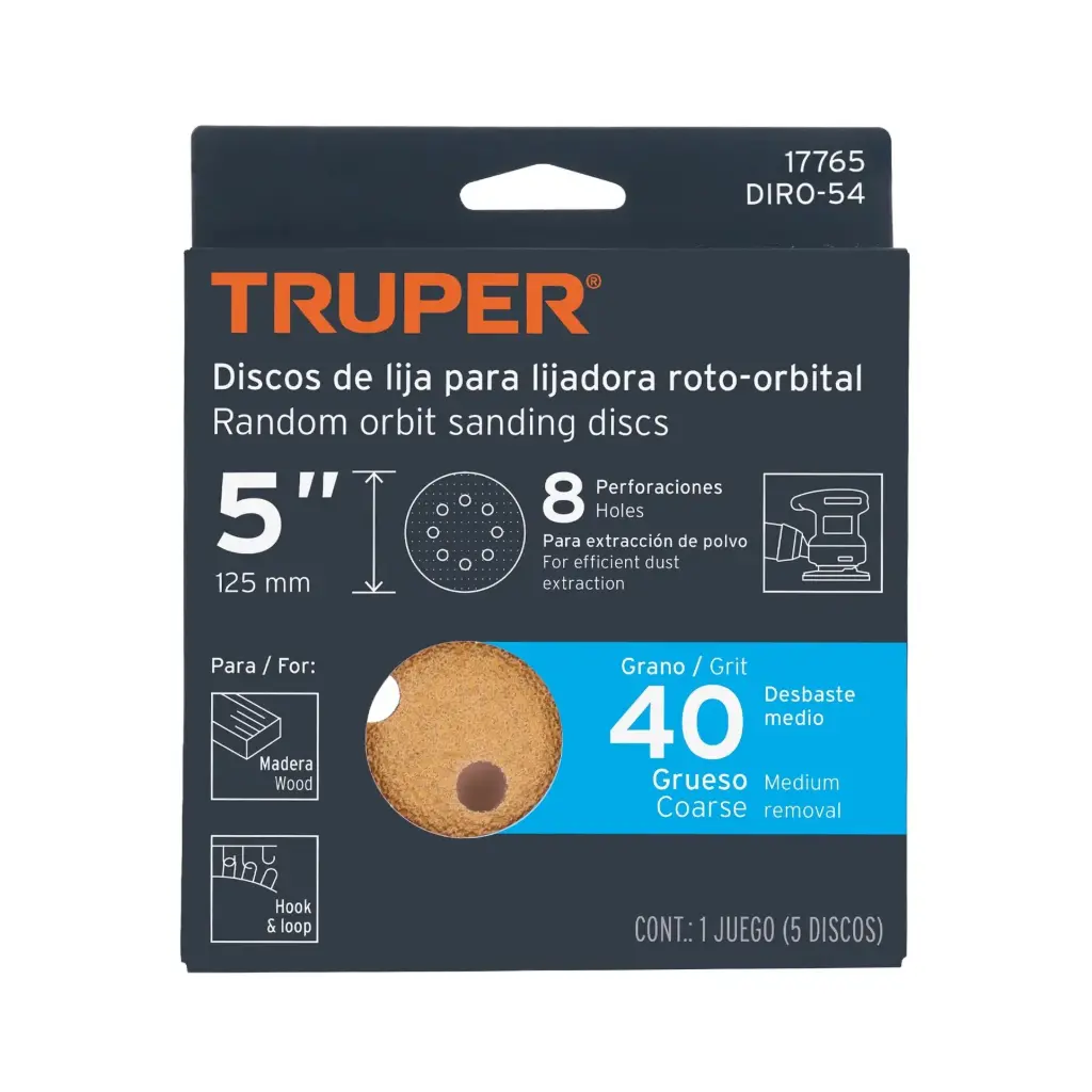 [17765] Paquete de Lija 5" grano 40 con 5 discos 8 perforaciones madera | Truper