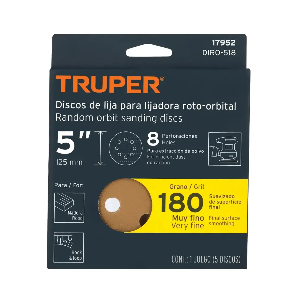 [17952] Paquete de Lija 5" grano 180 con 5 discos 8 perforaciones madera | Truper