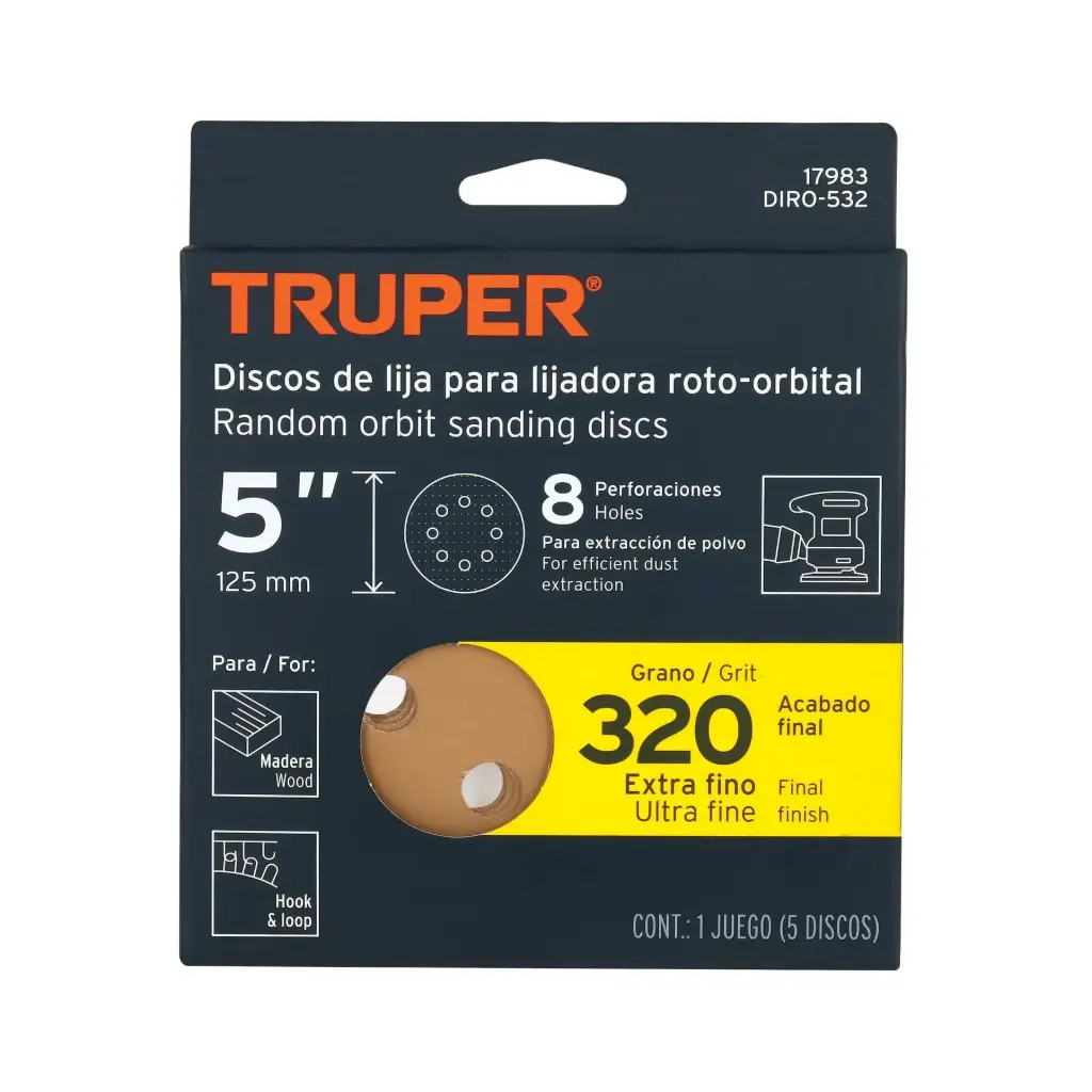 [17983] Paquete de Lija 5" grano 320 con 5 discos 8 perforaciones madera | Truper