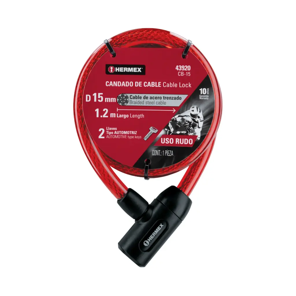 Candado cable con llave 15 mm × 1.2 m uso Rudo Bicicleta | Hermex