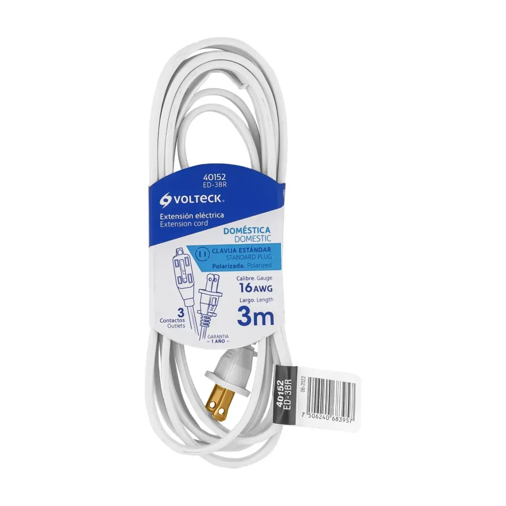 [40152] Extensión eléctrica 3m doméstica blanca clavija recta | Volteck