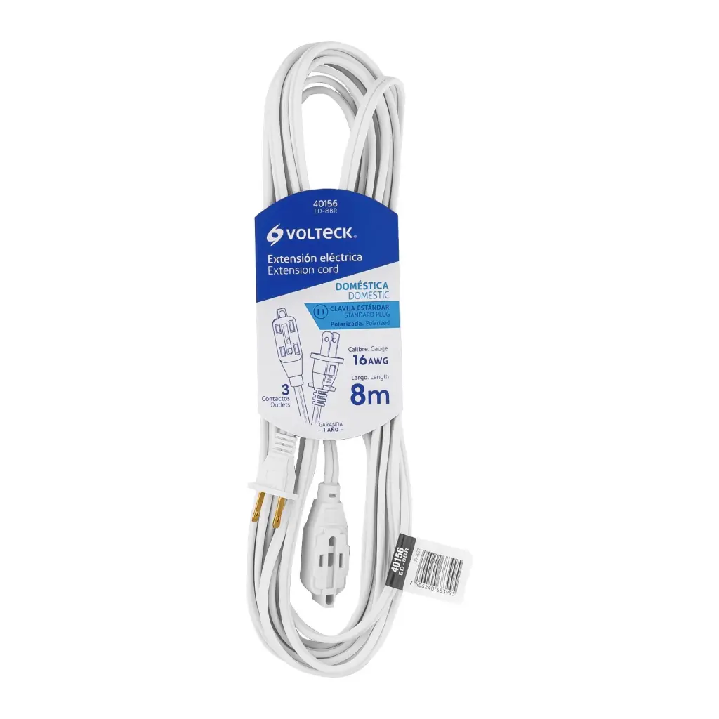 [40156] Extensión eléctrica 8m doméstica blanca clavija recta | Volteck