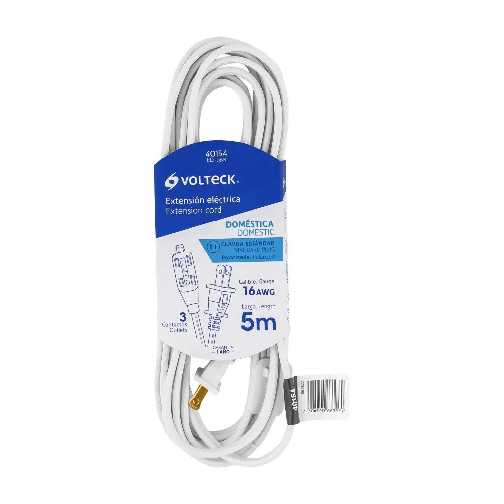 [40154] Extensión eléctrica 5m doméstica blanca clavija recta | Volteck