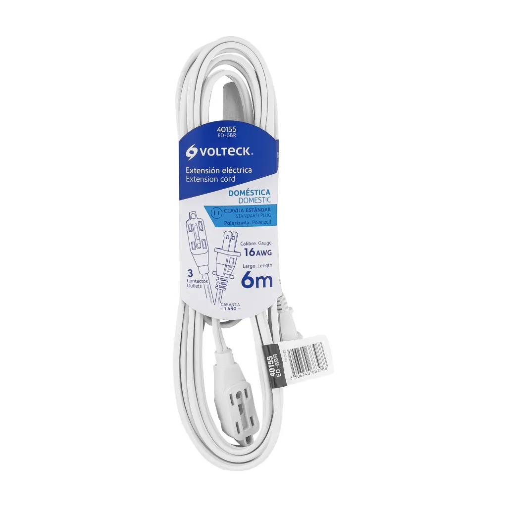 Extensión eléctrica 6m doméstica blanca clavija recta | Volteck