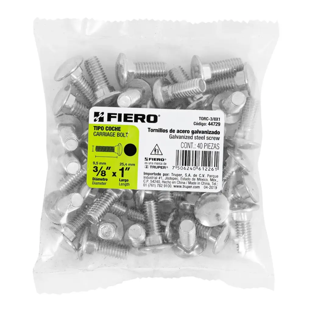 Bolsa Tornillo #3/8 x 1 Coche galvanizado con 40 pzas | Fiero