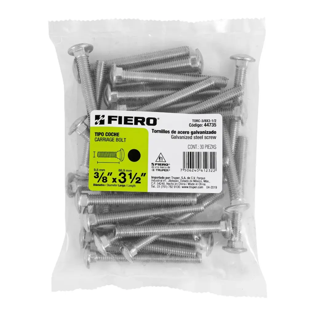 Bolsa Tornillo #3/8 x 3 1/2 Coche galvanizado con 30 pzas | Fiero