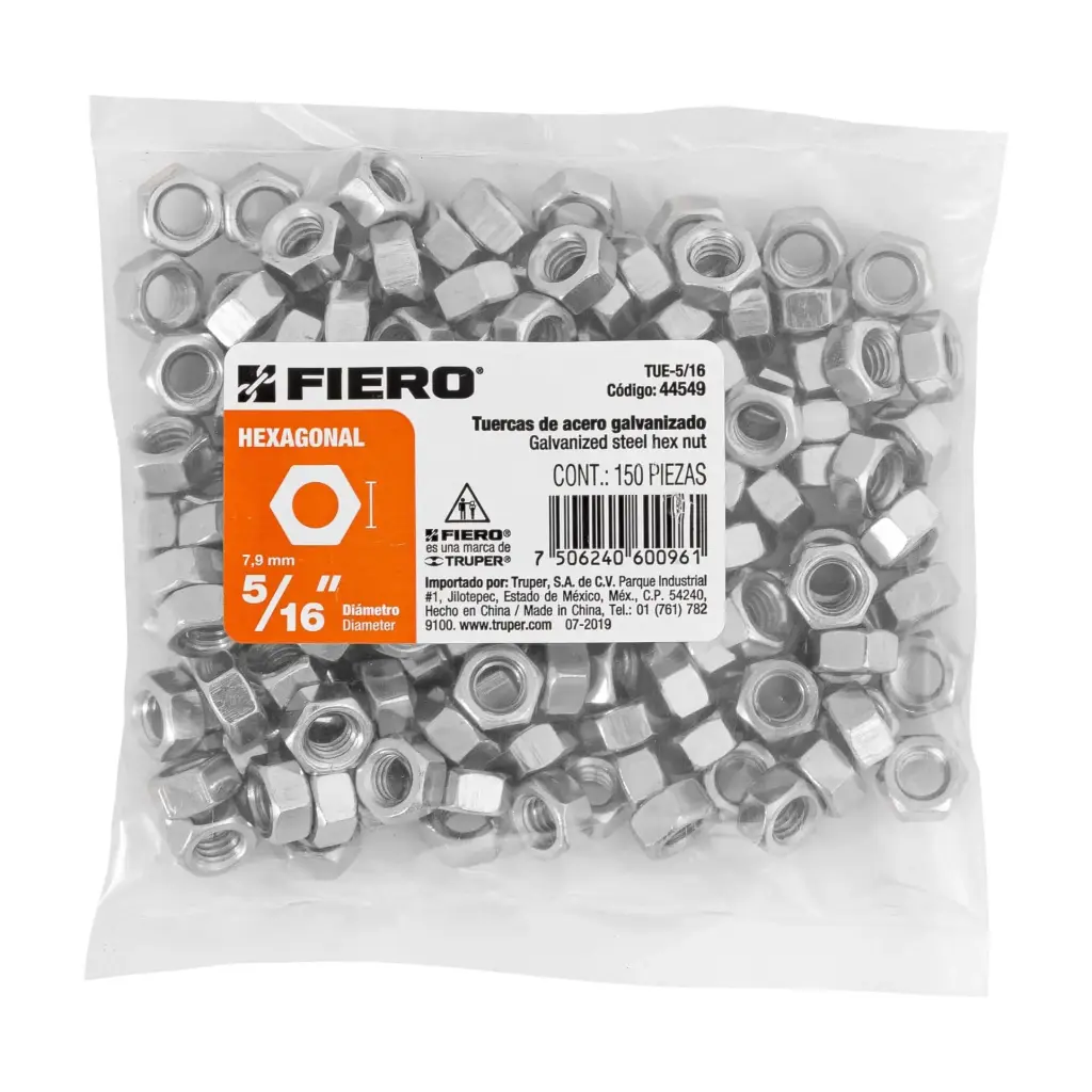 [44549] Bolsa tuerca 5/16" hexagonal de acero galvanizado con 150 pzas | Fiero