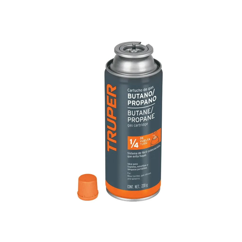 Lata de gas butano de 220g con válvula de 1/4 de vuelta|Truper