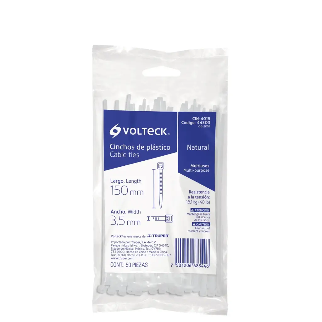 Bolsa cinchos plásticos 200×3.5 mm 40 lb naturales con 50 pzas | Volteck