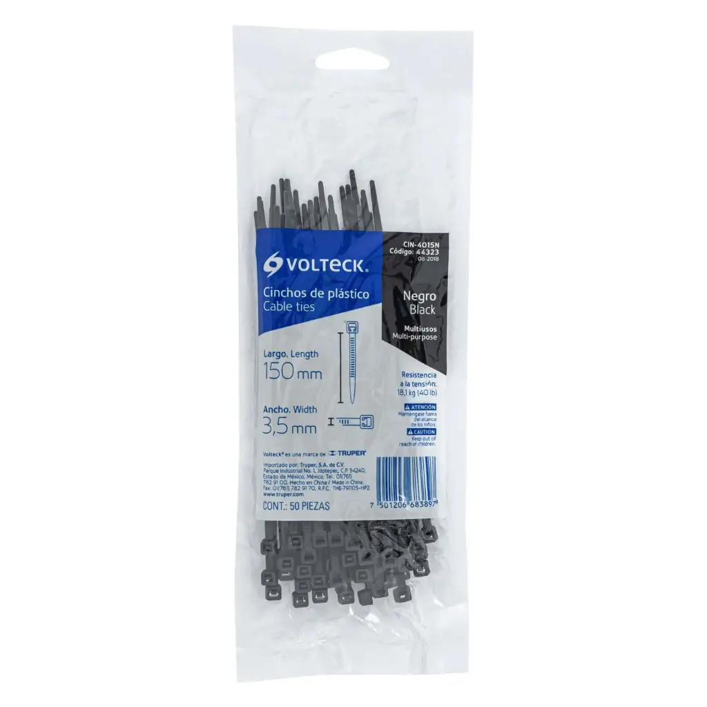 Bolsa cinchos plásticos 150×3.5 mm 18 lb negros | Volteck