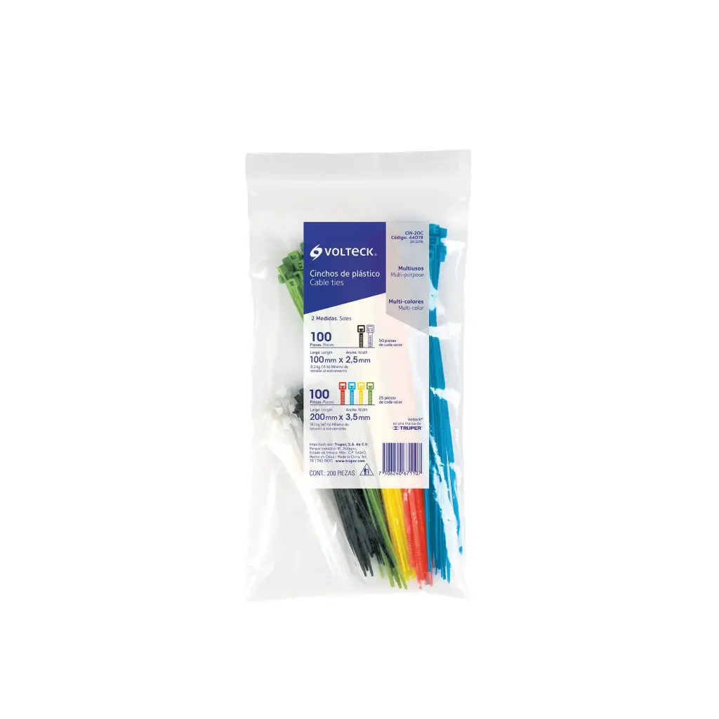 [44019] Bolsa cinchos plásticos en colores surtidos con 200pz | Volteck