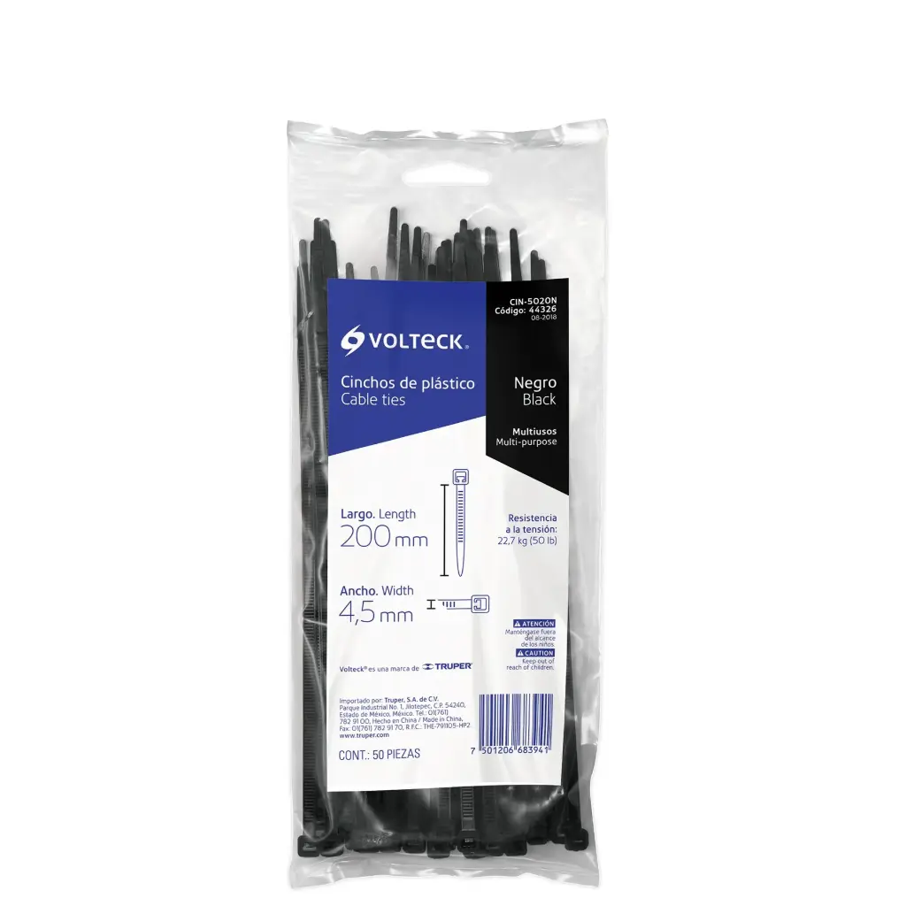Bolsa cinchos 200×4.5 mm negros con 50 pzas | Volteck