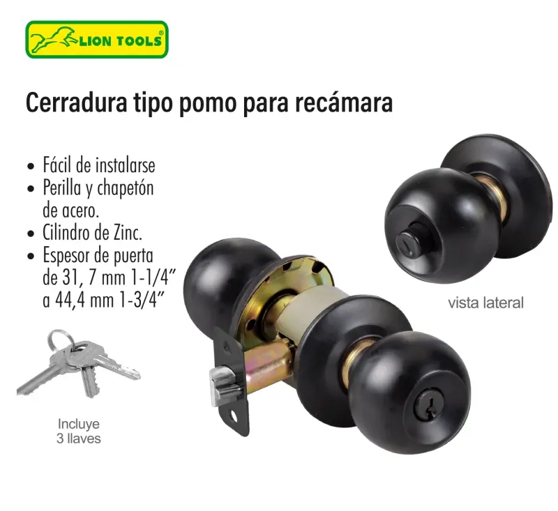 [3473] Cerradura de pomo negro para recámara | Lion Tools