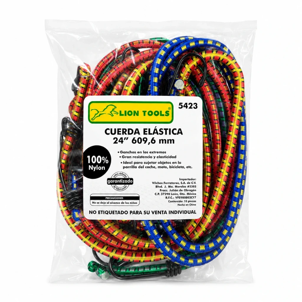 [5423] Paquete con 10 pzas liga elástica 24" con ganchos | Lion Tools