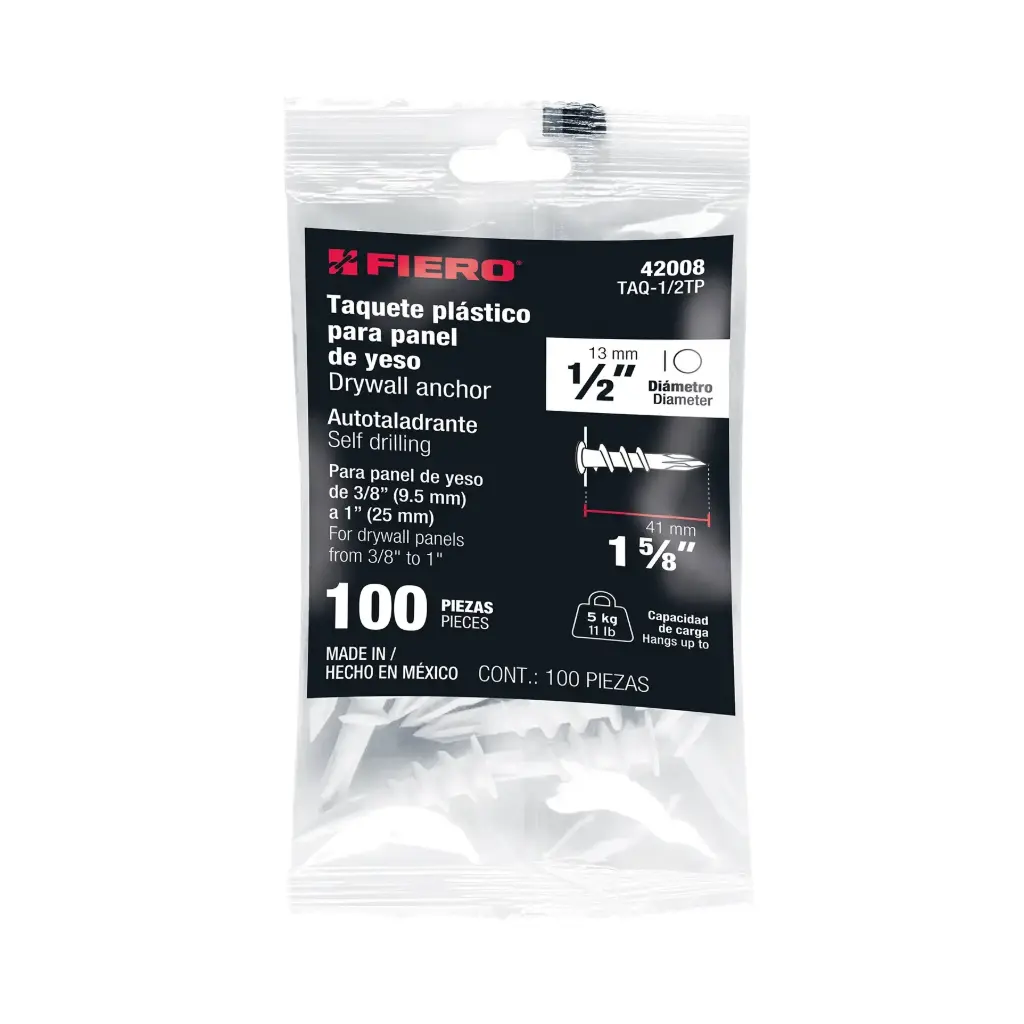 Bolsa taquetes 1/2" de plástico para panel de yeso y tablaroca con 100 pzas | Fiero