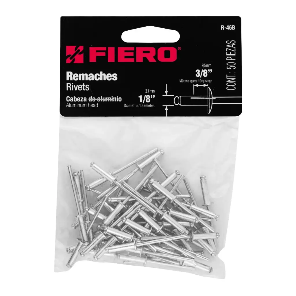 [44522] Bolsa de remache 1/8" x 3/8" de aluminio ala 1/4" con 50 pzas | Fiero