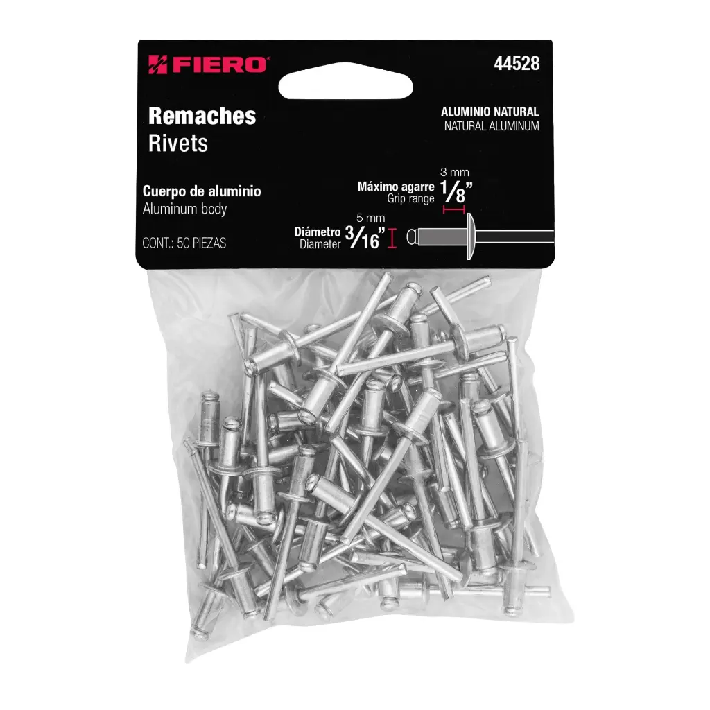 Bolsa de remache 3/16" x 1/8" de aluminio ala 3/8" con 50 pzas | Fiero