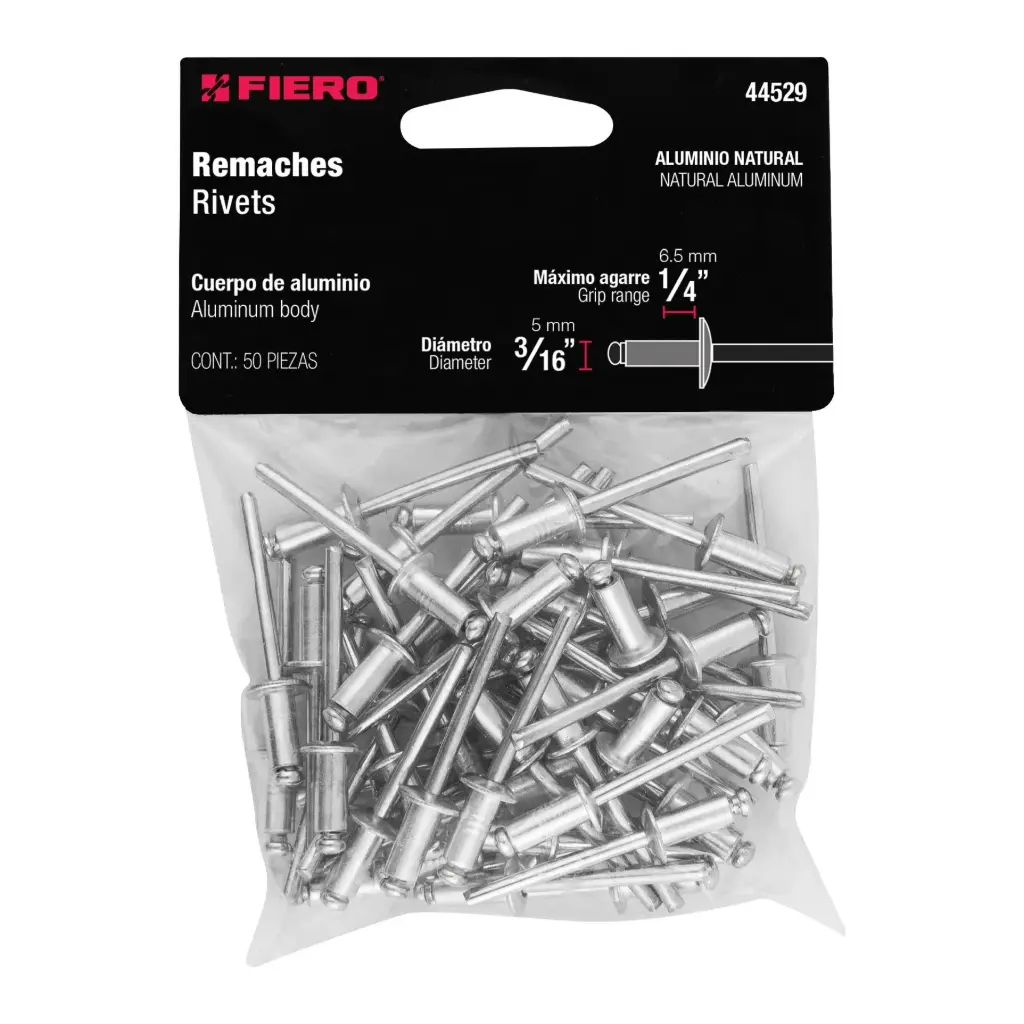 Bolsa de remache 3/16" x 1/4" de aluminio ala 3/8" con 50 pzas | Fiero