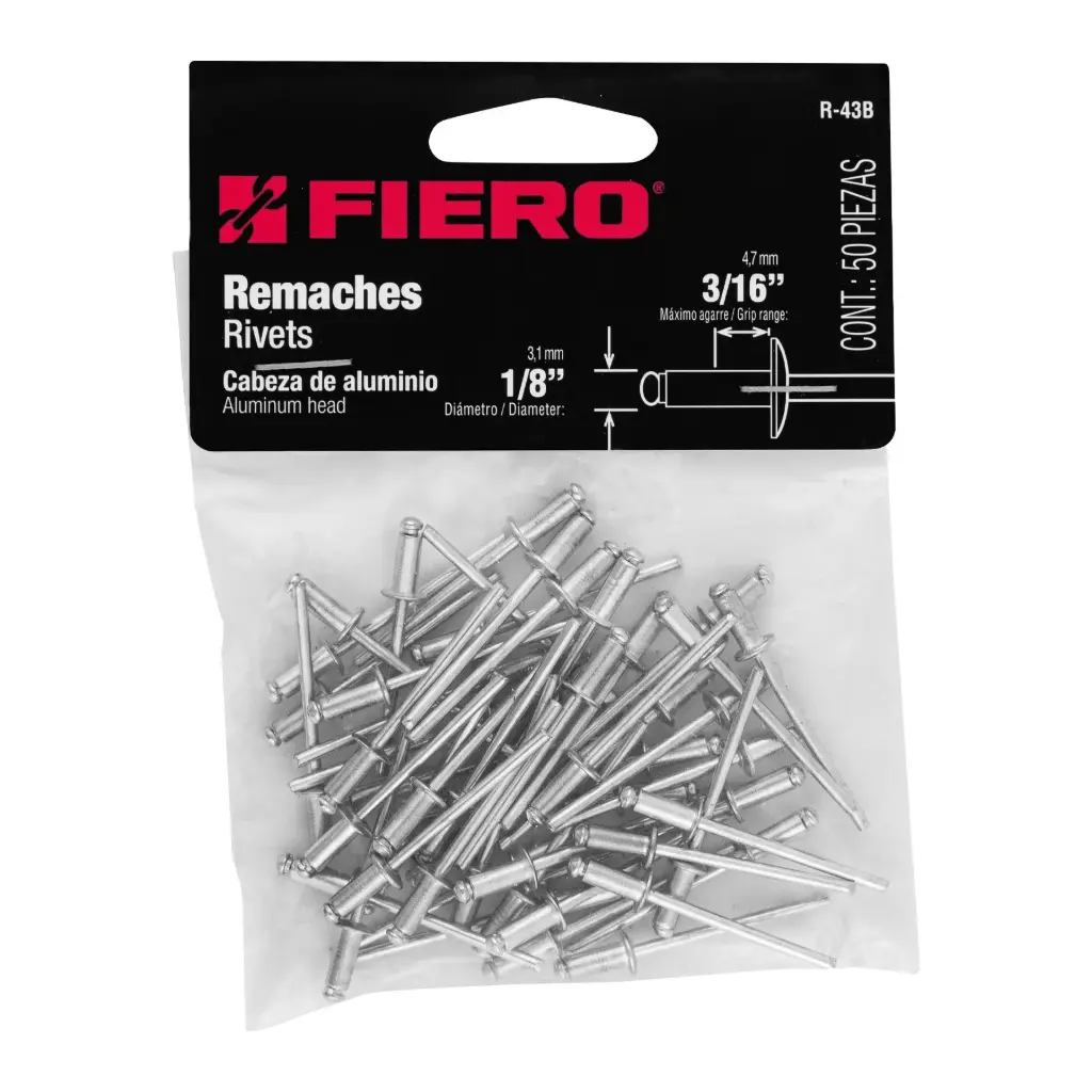 [44519] Bolsa de remache 1/8" x 3/16" de aluminio ala 1/4" con 50 pzas | Fiero