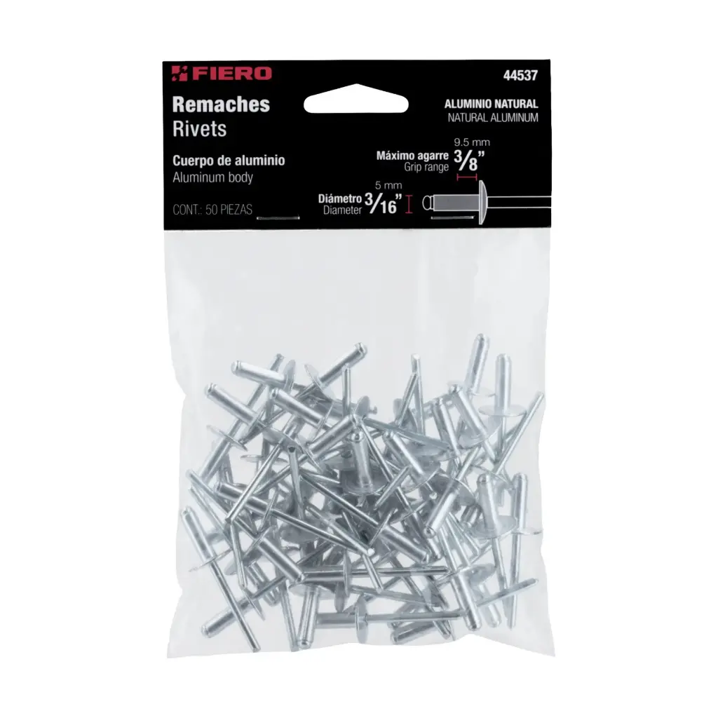 Bolsa de Remache 3/16" x 3/8" de aluminio ala 17/32 con 50 pzas | Fiero