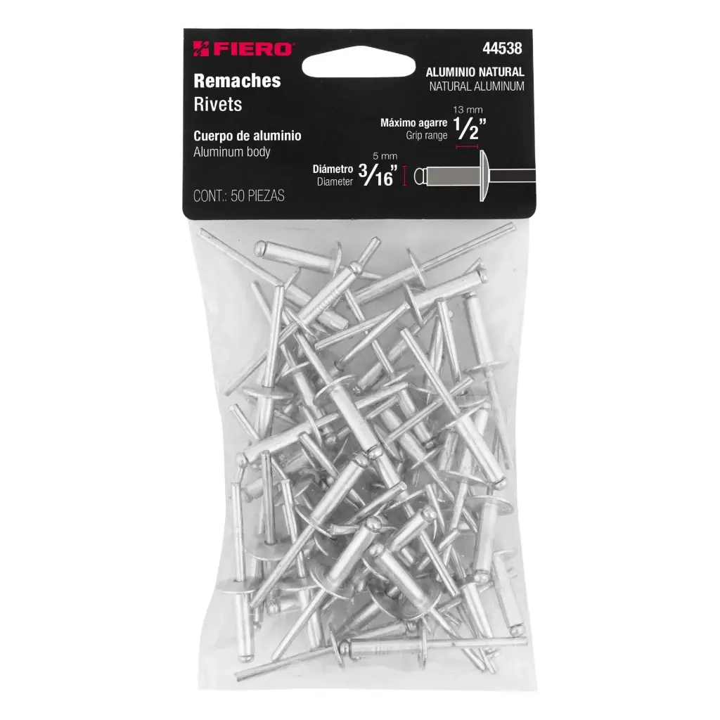 Bolsa de Remache 3/16" x 1/2" de aluminio ala 17/32 con 50 pzas | Fiero