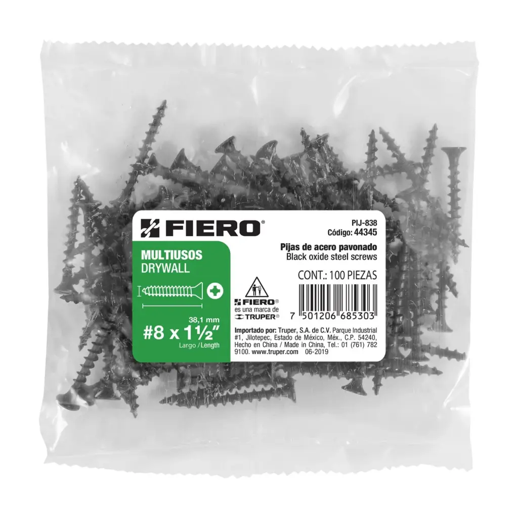 [44345] Bolsa Pija #8 x 1 1/2 negra multiusos con 100 pzas Tornillo | Fiero