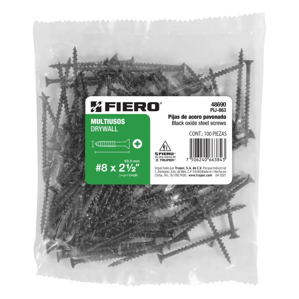 [48690] Bolsa Pija #8 x 2 1/2 negra multiusos con 100 pzas Tornillo | Fiero