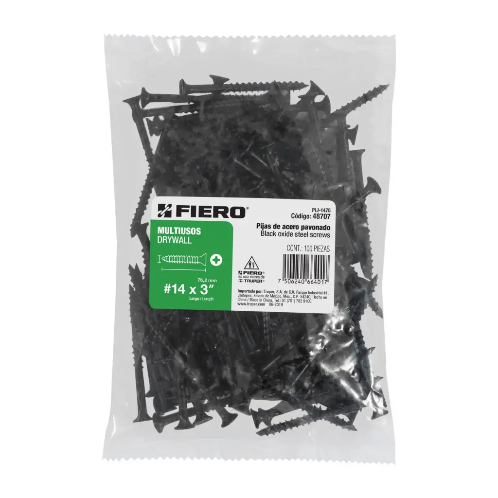 Bolsa Pija #14 x 3 negra multiusos con 100 pzas Tornillo | Fiero