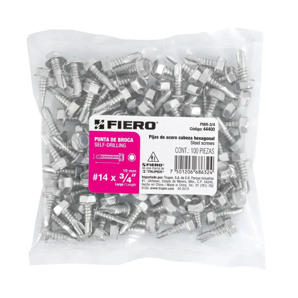 Bolsa pija #14 x 3/4 punta de broca hexagonal con 100 pzas tornillo | Fiero