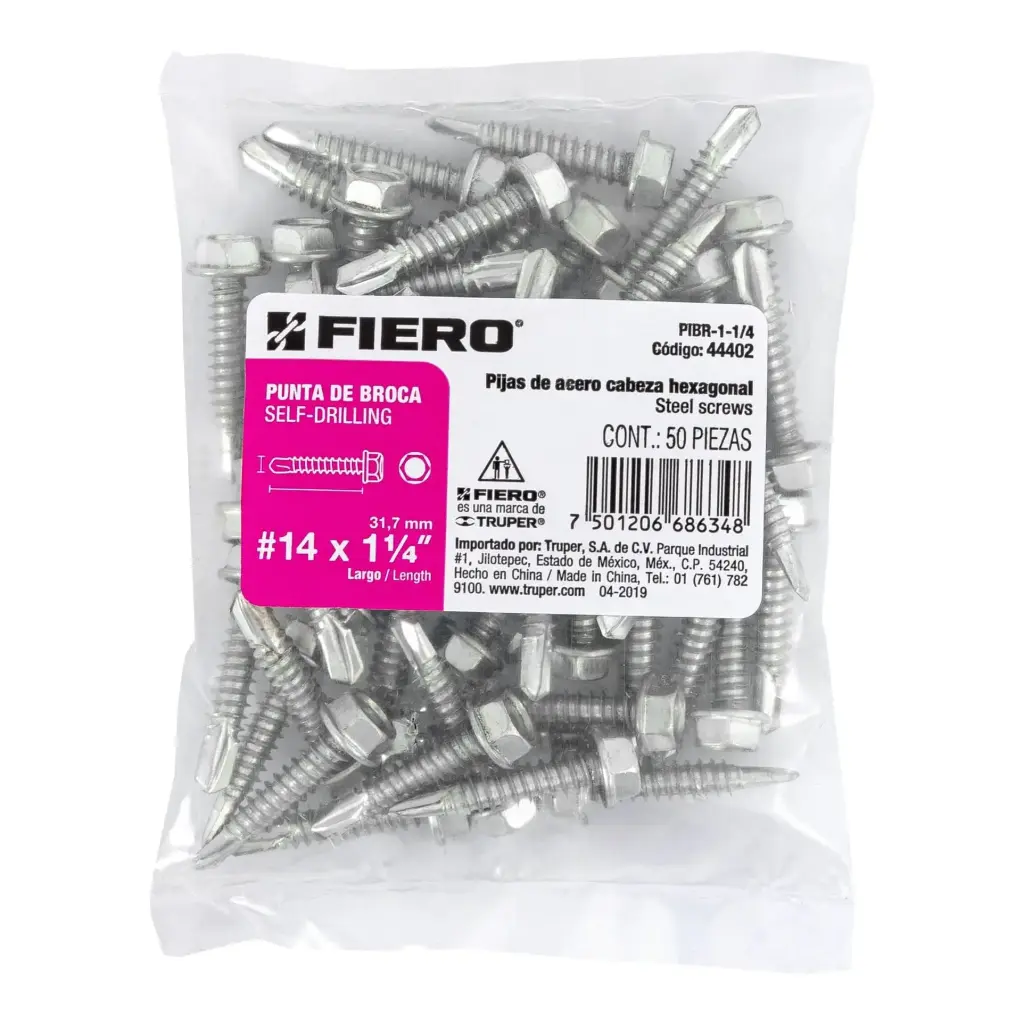 Bolsa pija #14 x 1 1/4 punta de broca hexagonal con 50 pzas tornillo | Fiero