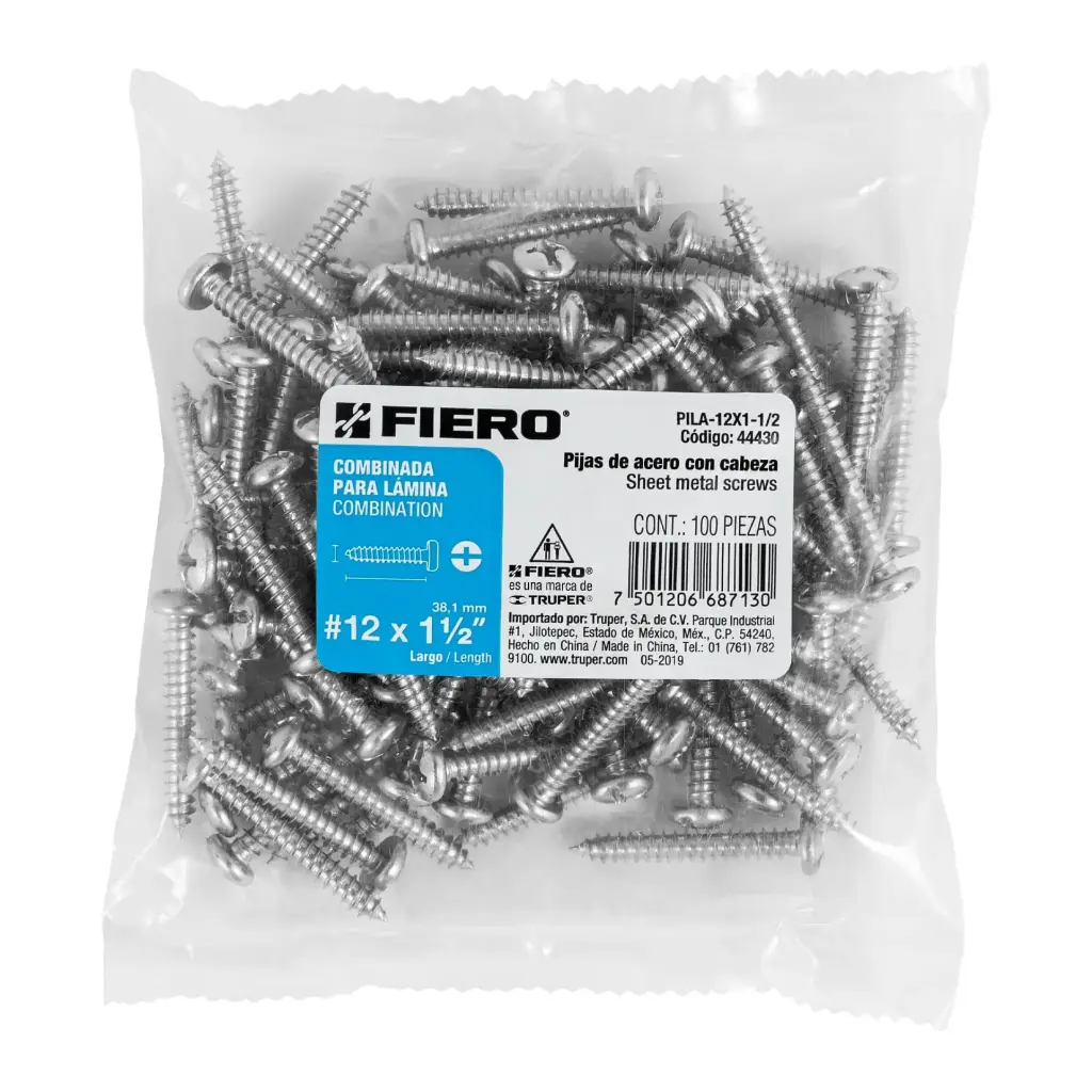 Bolsa pija #12 x 1 1/2 para lámina combinada con 100 pzas tornillo | Fiero