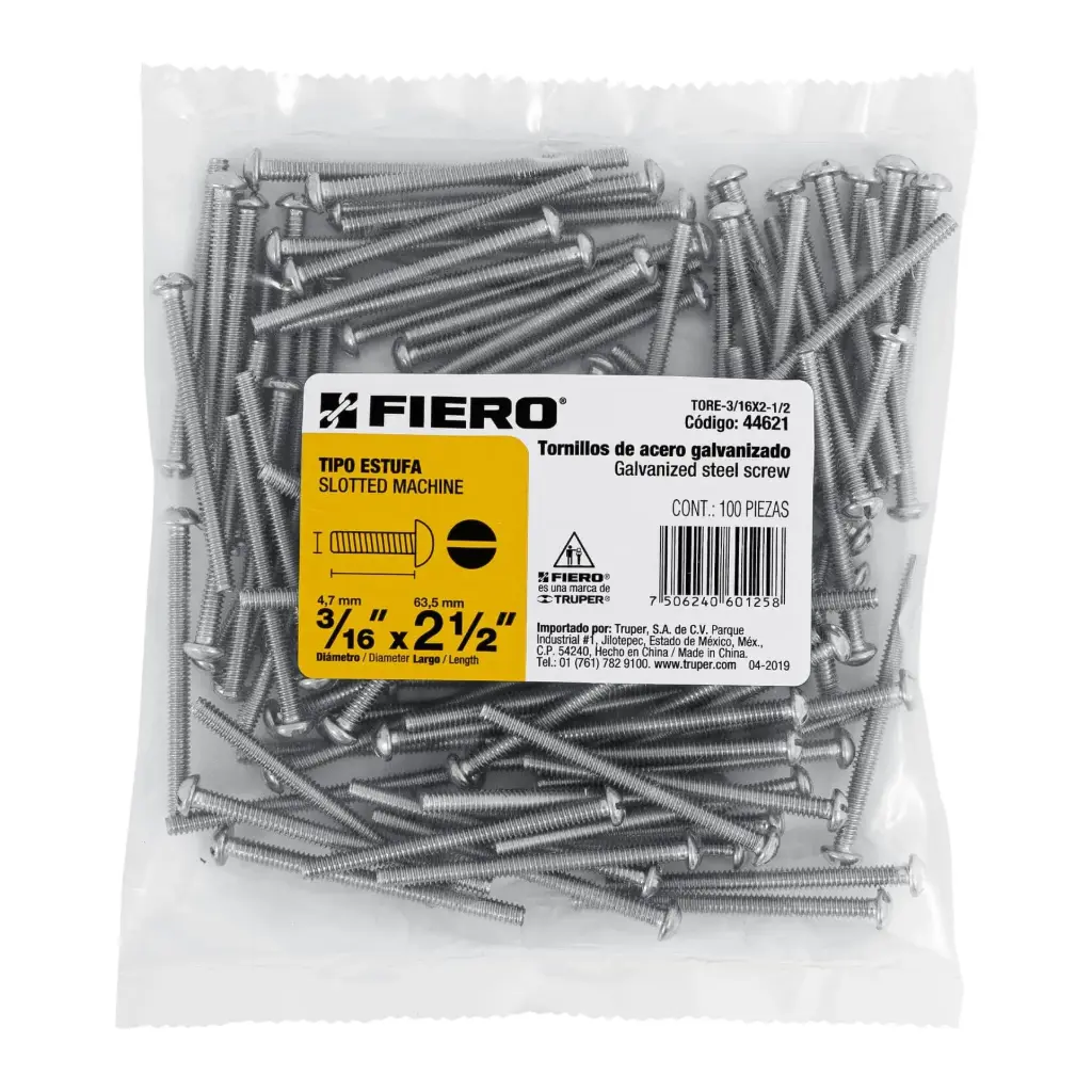Bolsa Tornillo #3/16 x 2 1/2 Estufa galvanizado con 100 pzas | Fiero