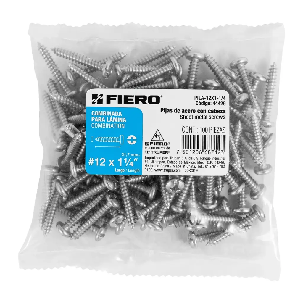 Bolsa pija #12 x 1 1/4 para lámina combinada con 100 pzas tornillo | Fiero